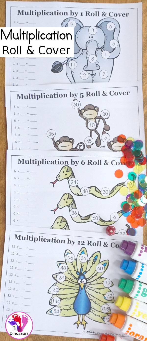 Free Multiplication Roll & Cover Printable - a fun zoo themed math activity that kids can use to work on multiplication from 1 to 12- 3Dinosaurs.com