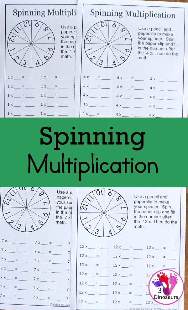Free Spinning Multiplication Printable - an easy way to work on multiplication for numbers 1 to 12 in a no-prep worksheet - 3Dinosaurs.com
