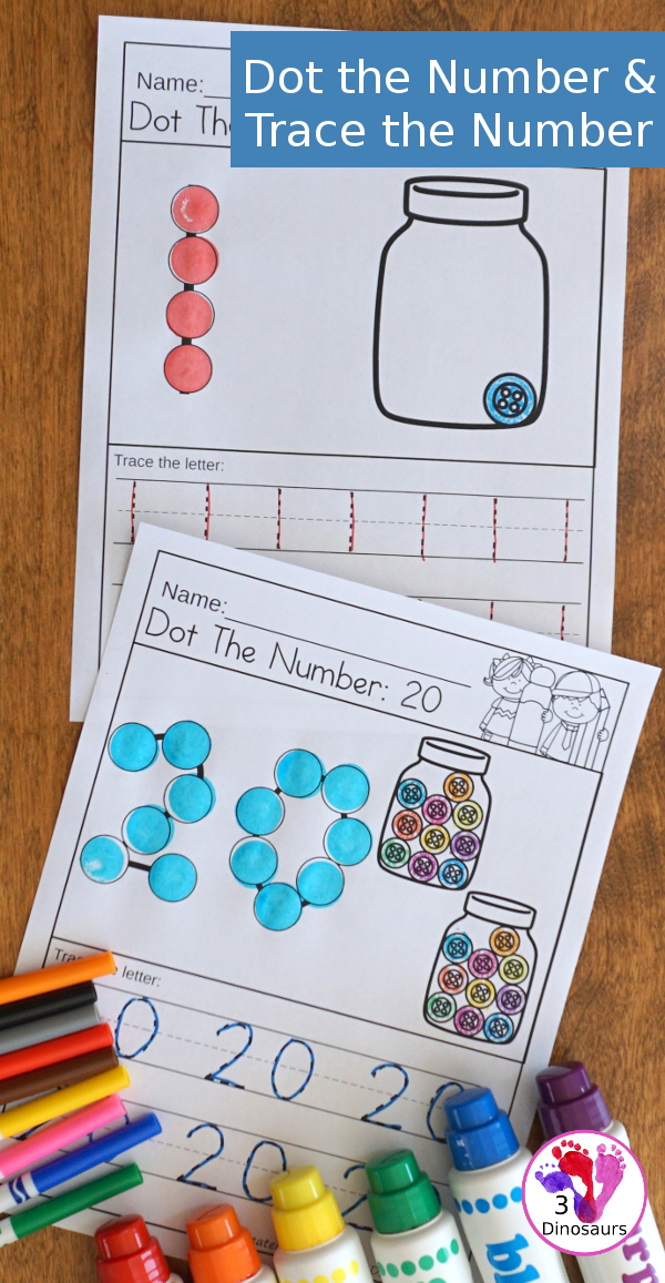 Free Number Dot the Number & Trace the Number - dot marker number with tracing the number and a fun button theme - 3Dinosaurs.com #3dinosaurs kindergarten #prek #numbers #dotmarker #freeprintable