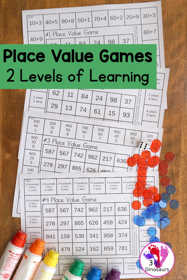 Free Place Value Games - a fun game style to work on place value for tens and ones or hundreds, tens, and ones  with two board options and recording sheets - 3Dinosaurs.com  #3dinosaurs #secondgrade #firstgrade #placevalue #handsonmath #freeprintable