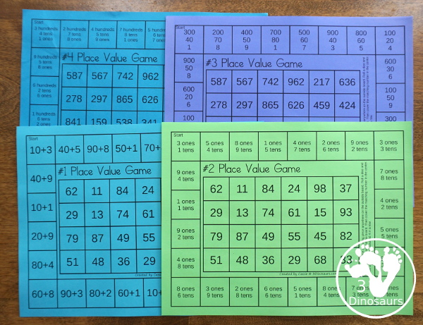 Free Place Value Games - a fun game style to work on place value for tens and ones or hundreds, tens, and ones  with two board options and recording sheets - 3Dinosaurs.com  #3dinosaurs #secondgrade #firstgrade #placevalue #handsonmath #freeprintable