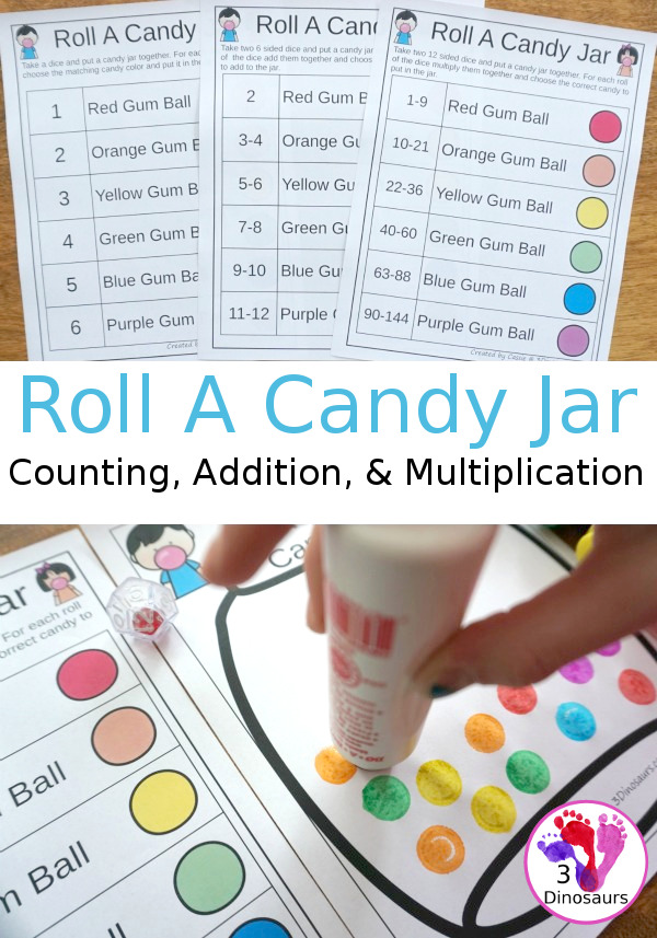 Free Roll a Candy Jar Math - Counting, Addition & Multiplication - There are great for kindergarten, prek, first grade, second grade, and third grade with a great way to reuse math practice  - 3Dinosaurs.com