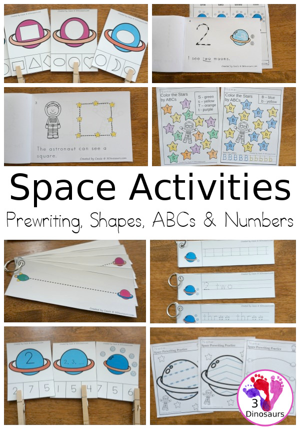 Space Activities Pack for Prewriting, Shapes, ABCs, and Numbers - 189 pages of activities with no-prep worksheets, easy reader books, clip cards and tracing strips. All to help have fun with planets, rockets and moons in easy to prepare pages and hands-on activities  - 3Dinosaurs.com