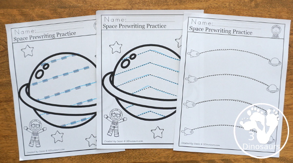 Space Activities Pack for Prewriting, Shapes, ABCs, and Numbers - 189 pages of activities with no-prep worksheets, easy reader books, clip cards and tracing strips. All to help have fun with planets, rockets and moons in easy to prepare pages and hands-on activities  - 3Dinosaurs.com