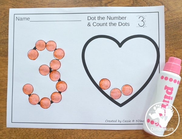 Valentines Dot the Number Count the Number - this is a fun counting activity with dot markers that works on numbers 0 to 20 with color or black and white options - 3Dinosaurs.com #valentiens #dotmaker #doadot #numbers #counting  #kindergarten #prek