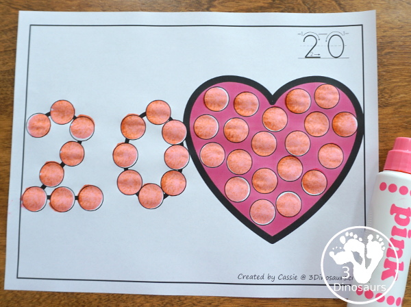 Valentines Dot the Number Count the Number - this is a fun counting activity with dot markers that works on numbers 0 to 20 with color or black and white options - 3Dinosaurs.com #valentiens #dotmaker #doadot #numbers #counting  #kindergarten #prek