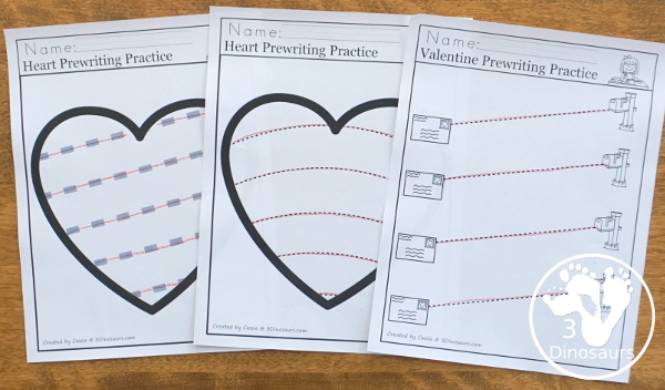 Valentine Activities Pack for Prewriting, Shapes, ABCs, and Numbers - fun pre-writing pages that match a heart theme and mailing letters - 3Dinosaurs.com