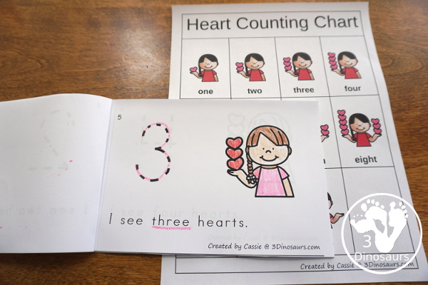 Valentine Activities Pack for Prewriting, Shapes, ABCs, and Numbers - Number easy reader book and chart with nubmers 0 to 10 in a 12 page book - 3Dinosaurs.com