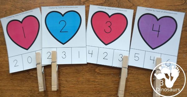 Valentine Activities Pack for Prewriting, Shapes, ABCs, and Numbers - Number clip cards with three levels per cards. - 3Dinosaurs.com