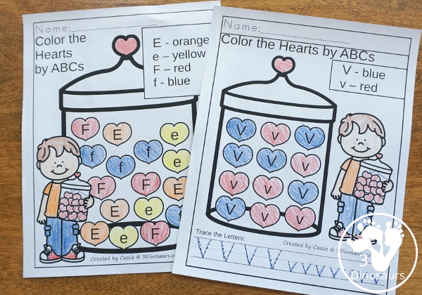 Valentine Activities Pack for Prewriting, Shapes, ABCs, and Numbers - ABC coloring by letter pages with two types of pages - 3Dinosaurs.com