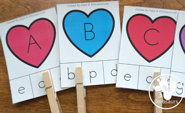 Valentine Activities Pack for Prewriting, Shapes, ABCs, and Numbers - ABC clip cards with two types of cards to use - 3Dinosaurs.com