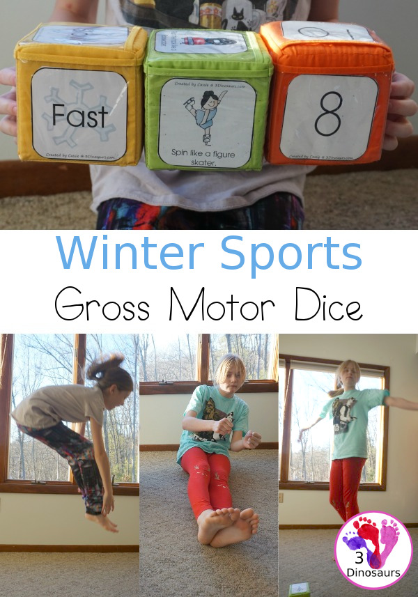 Free Winter Sports Gross Motor Dice - 6 movements and speed dice for kids to have fun with - 3Dinosaurs.com #wintersports #freeprintable