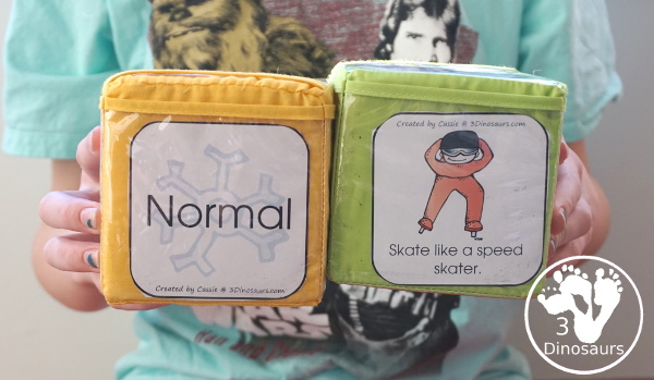 Free Winter Sports Gross Motor Dice - 6 movements and speed dice for kids to have fun with - 3Dinosaurs.com #wintersports #freeprintable