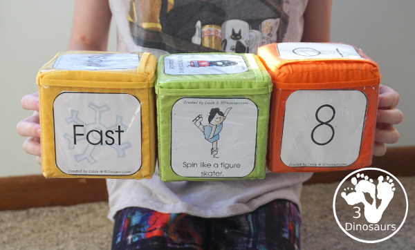 Free Winter Sports Gross Motor Dice - 6 movements and speed dice for kids to have fun with - 3Dinosaurs.com #wintersports #freeprintable