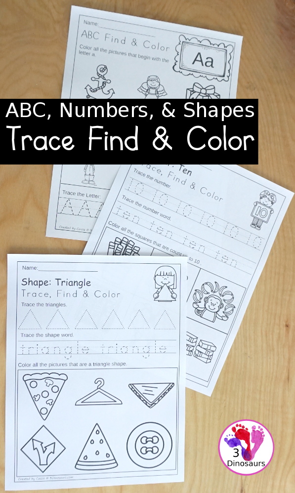 ABC, Numbers & Shapes Trace Color & Find - with 62 pages of printables that work on tracing, finding and coloring the matching item with all 26 letters of the alphabet, numbers 0 to 20 and 12 shapes. - 3Dinosaurs.com