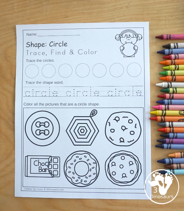Shapes Trace Color & Find - with 62 pages of printables that work on tracing, finding and coloring the matching shape with 12 shapes. - 3Dinosaurs.com