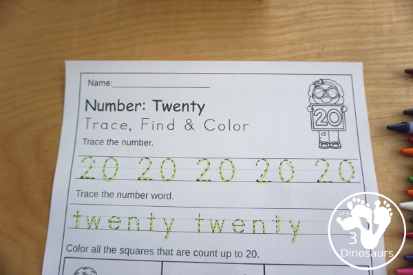 ABC, Numbers & Shapes Trace Color & Find - with 62 pages of printables that work on tracing, finding and coloring the matching item with all 26 letters of the alphabet, numbers 0 to 20 and 12 shapes. - 3Dinosaurs.com