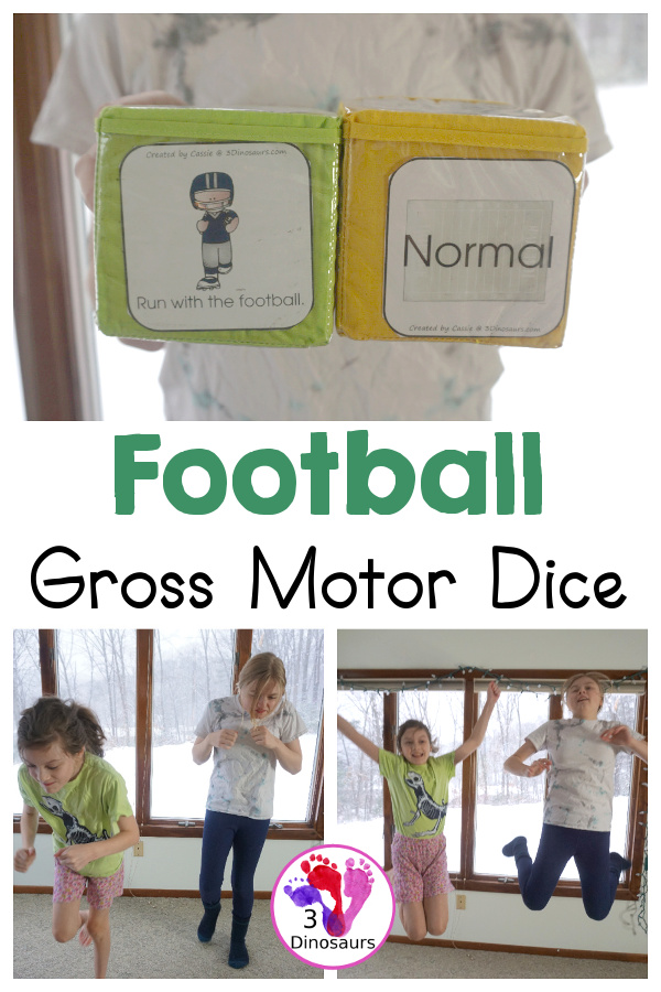 Free Football Theme Gross Motor Dice - 6 fun movements cards to use in a dice or a folding dice for the set with speed dice included - 3Dinosaurs.com