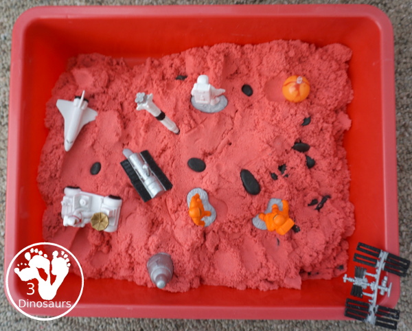 Mars Themed Sensory Bin with kinetic sand - a fun way to explore the red planet Mars -  3Dinosaurs.com
