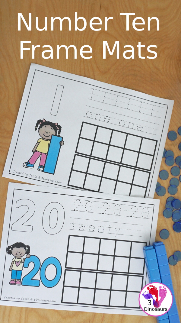 FREE Number Counting Ten Frame Mats - with numbers 1 to 20 for kids to work on learning numbers and counting with ten frame, tracing of number and playdough number - 3Dinosaurs.com