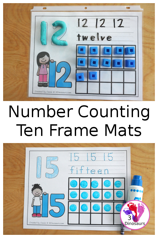 FREE Number Counting Ten Frame Mats - with numbers 1 to 20 for kids to work on learning numbers and counting with ten frame, tracing of number and playdough number - 3Dinosaurs.com