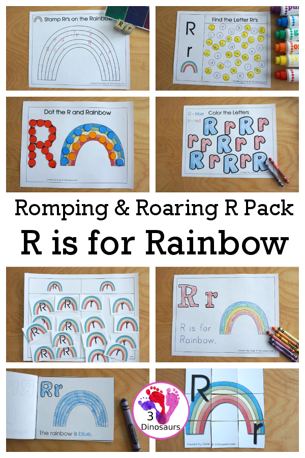 Free Romping & Roaring R Pack - R is for Rainbow theme with prewriting, writing, puzzles, dot marker letters, letter finds and more - 3Dinosaurs.com