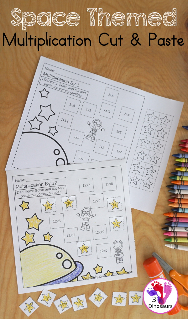 Free Space Themed Multiplication Cut & Paste - with multiplication from 1 to 12 with cut and paste the answer on the equation - 3Dinosaurs.com