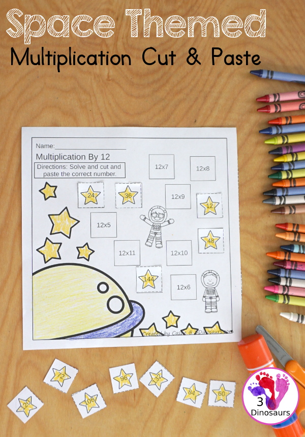 Free Space Themed Multiplication Cut & Paste - with multiplication from 1 to 12 with cut and paste the answer on the equation - 3Dinosaurs.com