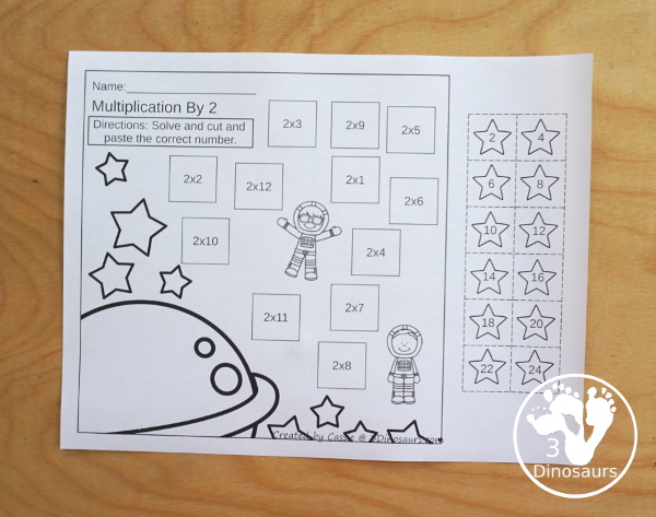 Free Space Themed Multiplication Cut & Paste - with multiplication from 1 to 12 with cut and paste the answer on the equation - 3Dinosaurs.com
