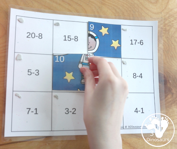 Free Space Subtraction Puzzle - with subtraction from 20 to 1 in a 12 piece puzzles for kids to have fun solving and matching - 3Dinosaurs.com