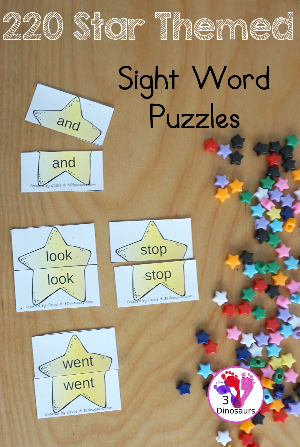 Free Space Theme Star Sight Word Matching Puzzles with 220 Sight Words - easy to use two piece puzzles for 220 sight words for kids to- 3Dinosaurs.com