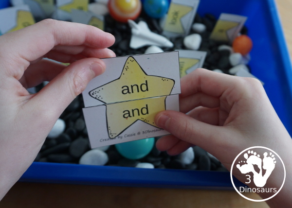 Free Space Theme Star Sight Word Matching Puzzles with 220 Sight Words - easy to use two piece puzzles for 220 sight words for kids to- 3Dinosaurs.com