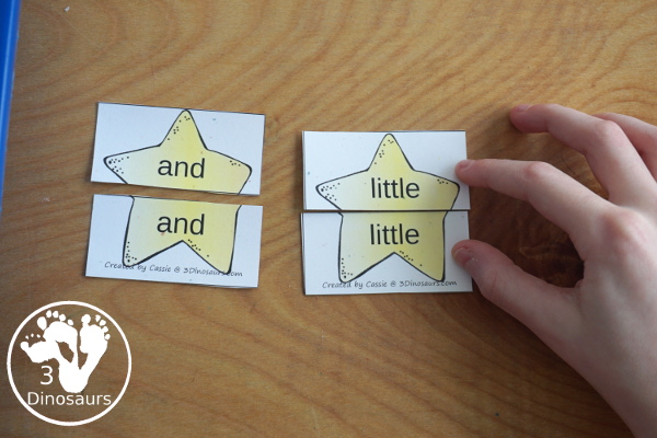 Free Space Theme Star Sight Word Matching Puzzles with 220 Sight Words - easy to use two piece puzzles for 220 sight words for kids to- 3Dinosaurs.com