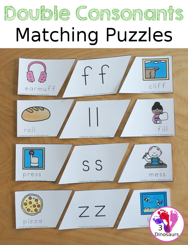 Free Double Consonant Puzzle Printable with double consonants ff, ll, ss, and zz with three piece puzzles for matching pictures and words for the double consonant letters in the middle of the puzzle - 3Dinosaurs.com