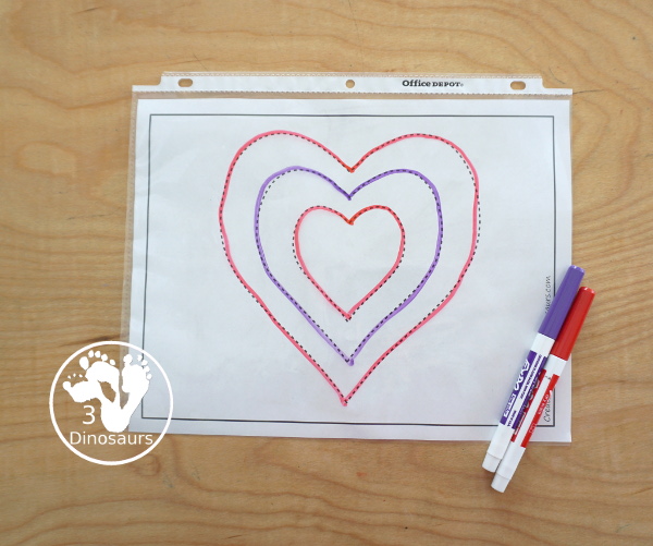 Free Heart Fine Motor Printables - with blank heart template, tracing hearts, dot marker hearts, and heart playdough mat - 3Dinosaurs.com