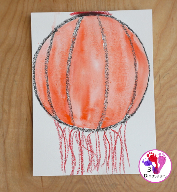 Watercolor Lanterns for Chinese New Year - a fun watercolor and oil pastel craft for kids to make a lantern. Super easy steps for kids to do. - 3Dinosaurs.com