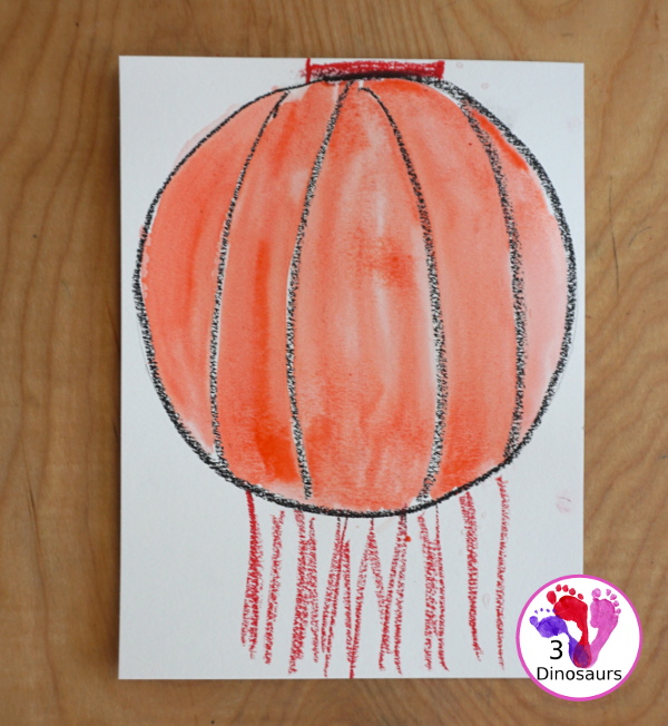 Watercolor Lanterns for Chinese New Year - a fun watercolor and oil pastel craft for kids to make a lantern. Super easy steps for kids to do. - 3Dinosaurs.com
