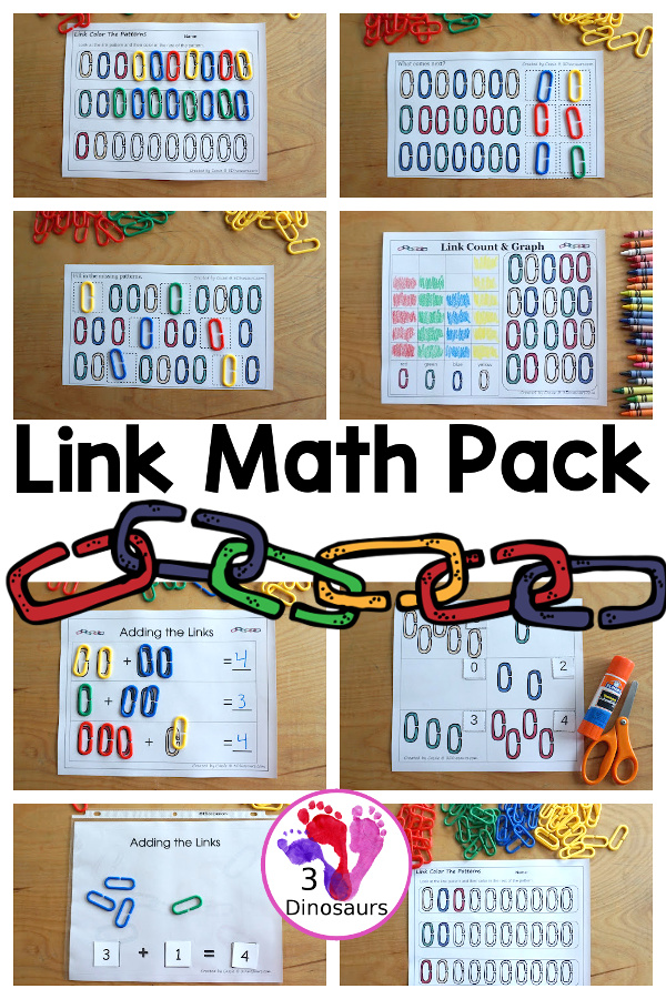 Free Link Theme Math Pack - with patterns, addition, graphing and more with a link theme for kindergarten and prek math centers - 3Dinosaurs.com