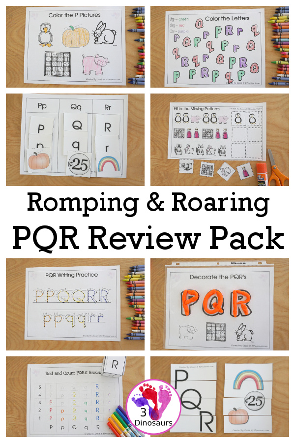 Free Romping & Roaring PQR Review Pack- with letter p, letter q, and letter r printables for reviewing the three letters with tracing, puzzles, coloring pages, finger puppets, game and more- 3Dinosaurs.com