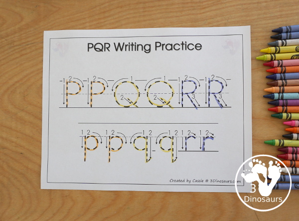 Free Romping & Roaring PQR Review Pack- with letter p, letter q, and letter r printables for reviewing the three letters with tracing, puzzles, coloring pages, finger puppets, game and more- 3Dinosaurs.com