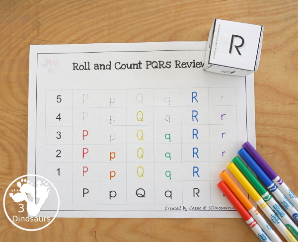 Free Romping & Roaring PQR Review Pack- with letter p, letter q, and letter r printables for reviewing the three letters with tracing, puzzles, coloring pages, finger puppets, game and more- 3Dinosaurs.com
