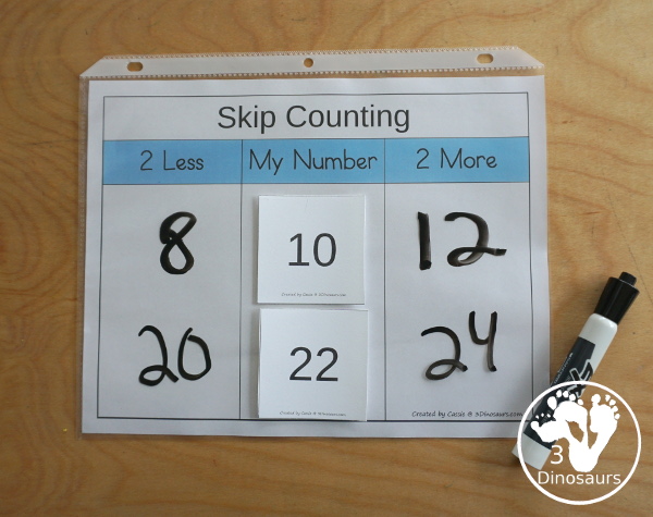 Free Skip Counting Less & More Printable - with adding and subtracting by skip counting numbers with skip counting from 2 to 12 with skip counting mats, skip counting cards and ship counting recording worksheet - 3Dinosaurs.com