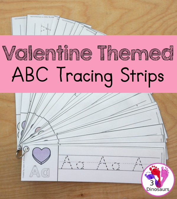 Free Valentine Theme ABC Tracing Strips - with uppercase and lowercase together. You have fun kids with a heart plus you can see an example of how to trace the letters - 3Dinosaurs.com