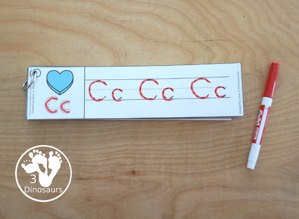 Free Valentine Theme ABC Tracing Strips - with uppercase and lowercase together. You have fun kids with a heart plus you can see an example of how to trace the letters - 3Dinosaurs.com