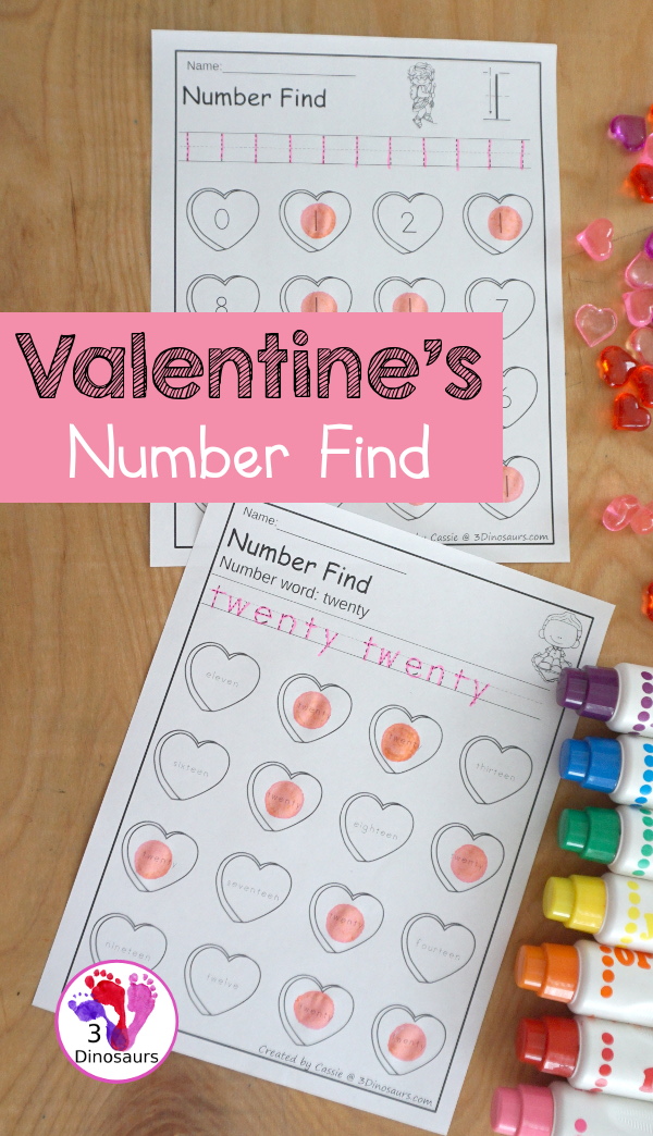 Valentine Number Find - with numbers from 0 to 20 with number words and number digit for kids to trace and then find on the hearts. - 3Dinosaurs.com