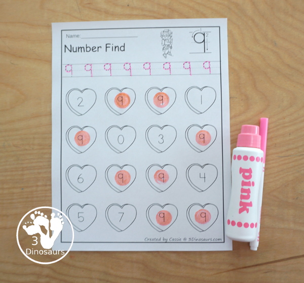 Valentine Number Find - with numbers 1 to 20  with number the numerical number. It has tracing and finding the numbers- 3Dinosaurs.com