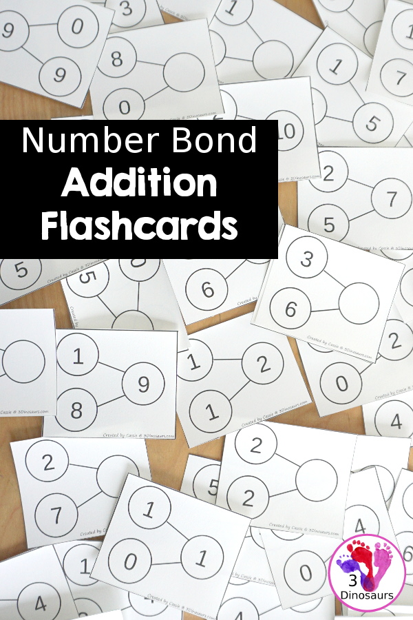 Free Number Bond Addition Flashcard Printables with number bond for addition up to 10 with fill in number bonds and missing number bond numbers - 3Dinosaurs.com