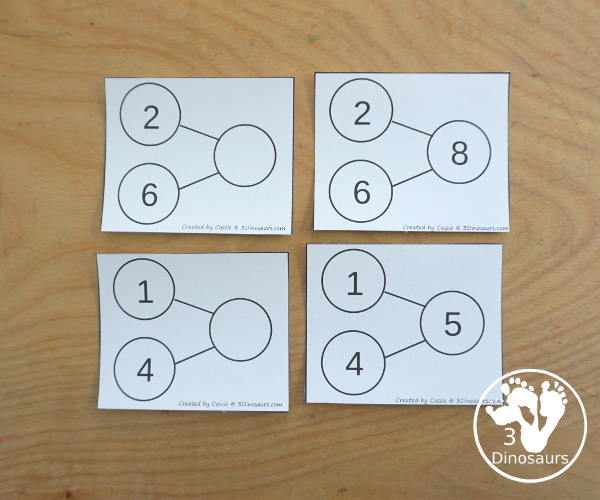 Free Number Bond Addition Flashcard Printables with number bond for addition up to 10 with fill in number bonds and missing number bond numbers - 3Dinosaurs.com