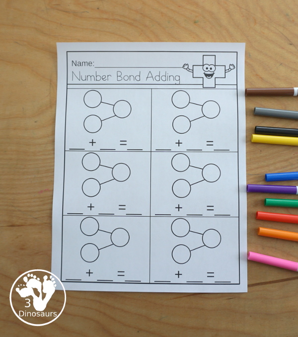 Free Number Bond Addition Flashcard Printables with number bond for addition up to 10 with fill in number bonds and missing number bond numbers - 3Dinosaurs.com