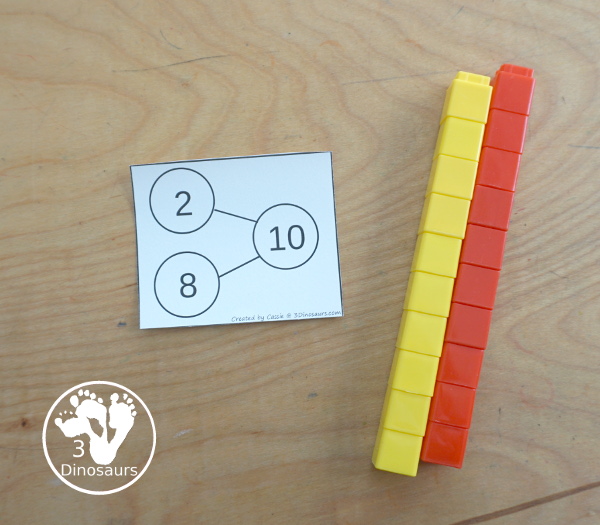 Free Number Bond Addition Flashcard Printables with number bond for addition up to 10 with fill in number bonds and missing number bond numbers - 3Dinosaurs.com